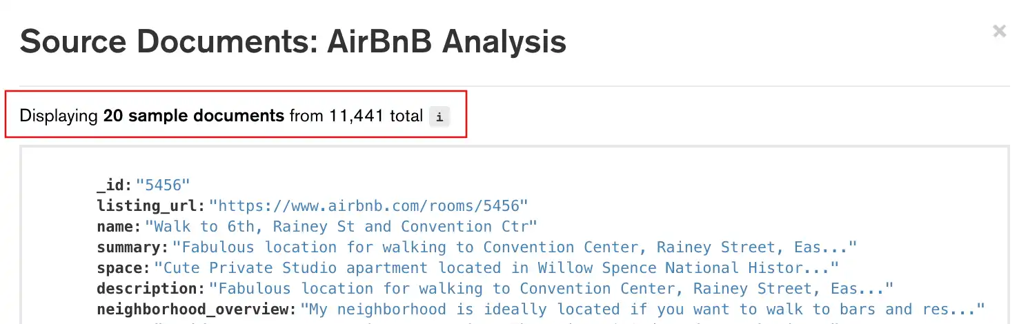 El modal Ver documentos de muestra muestra el recuento de documentos justo encima de las muestras de documentos.