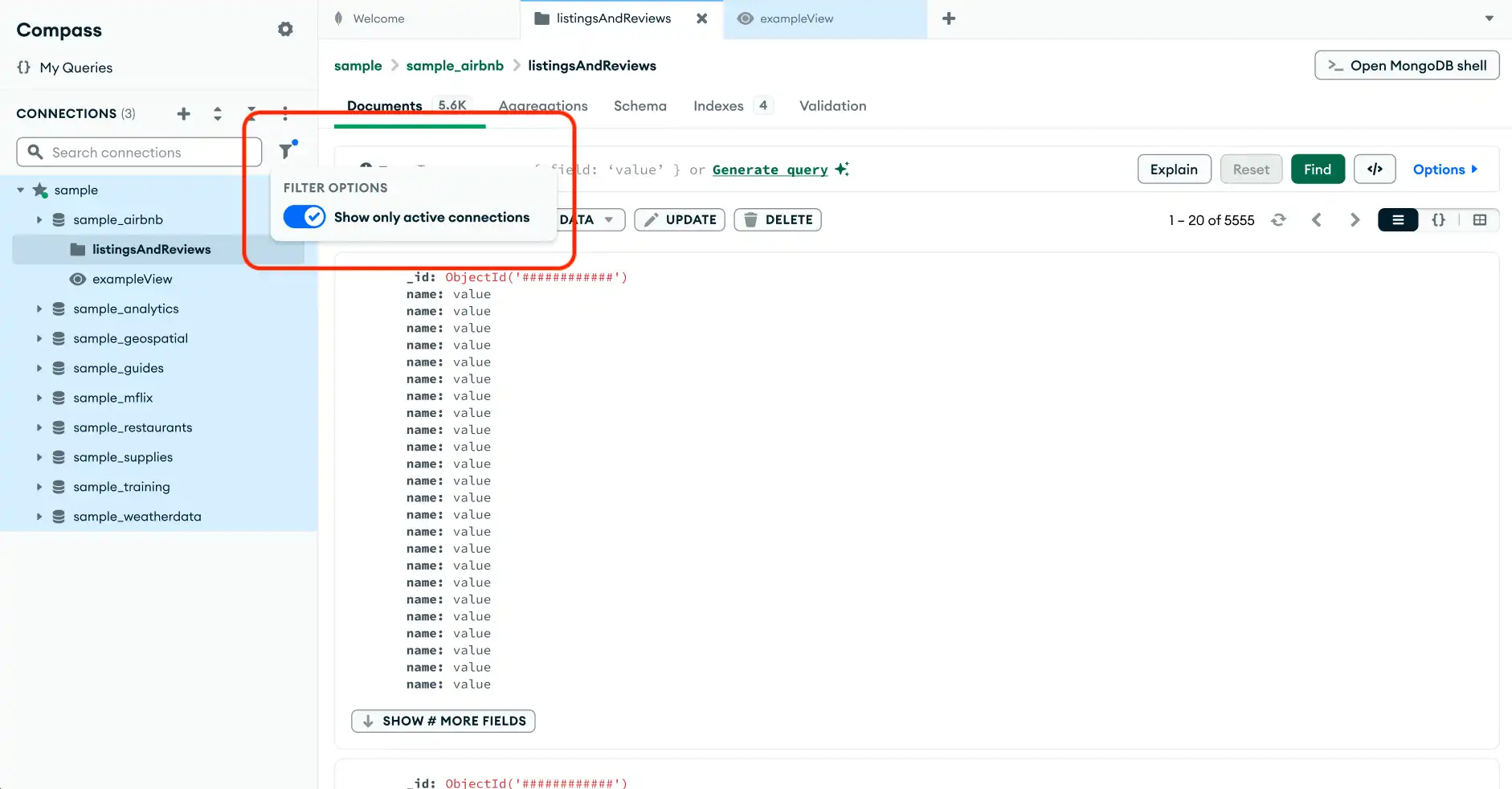Barra lateral de conexiones filtradas