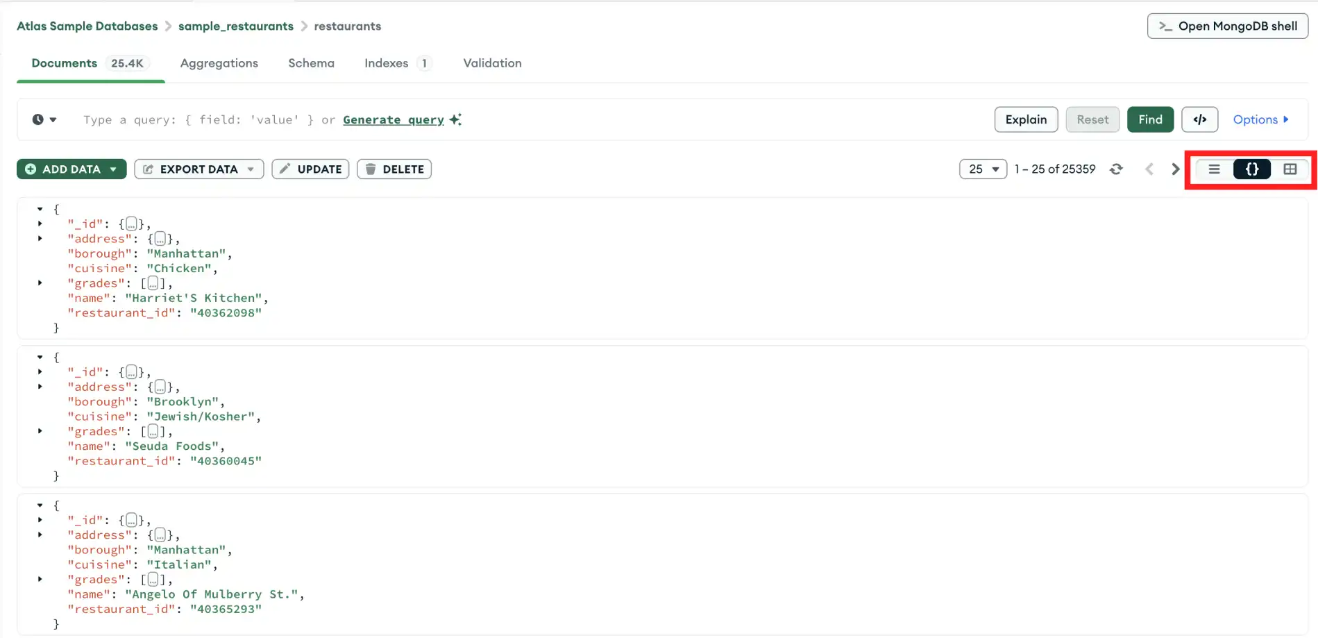 Documentos en vista JSON