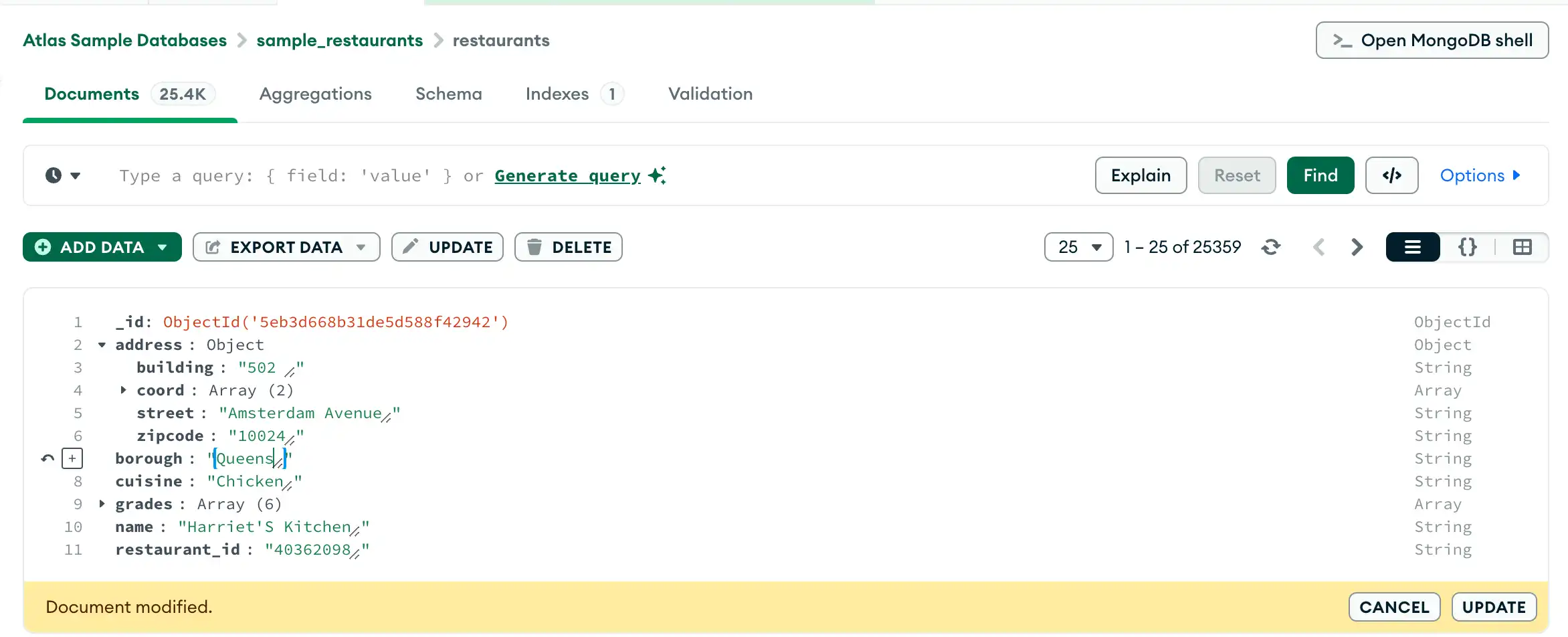 Vista de actualización del documento