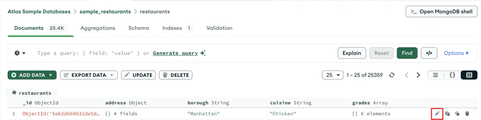 Selección de edición de documento en vista de tabla