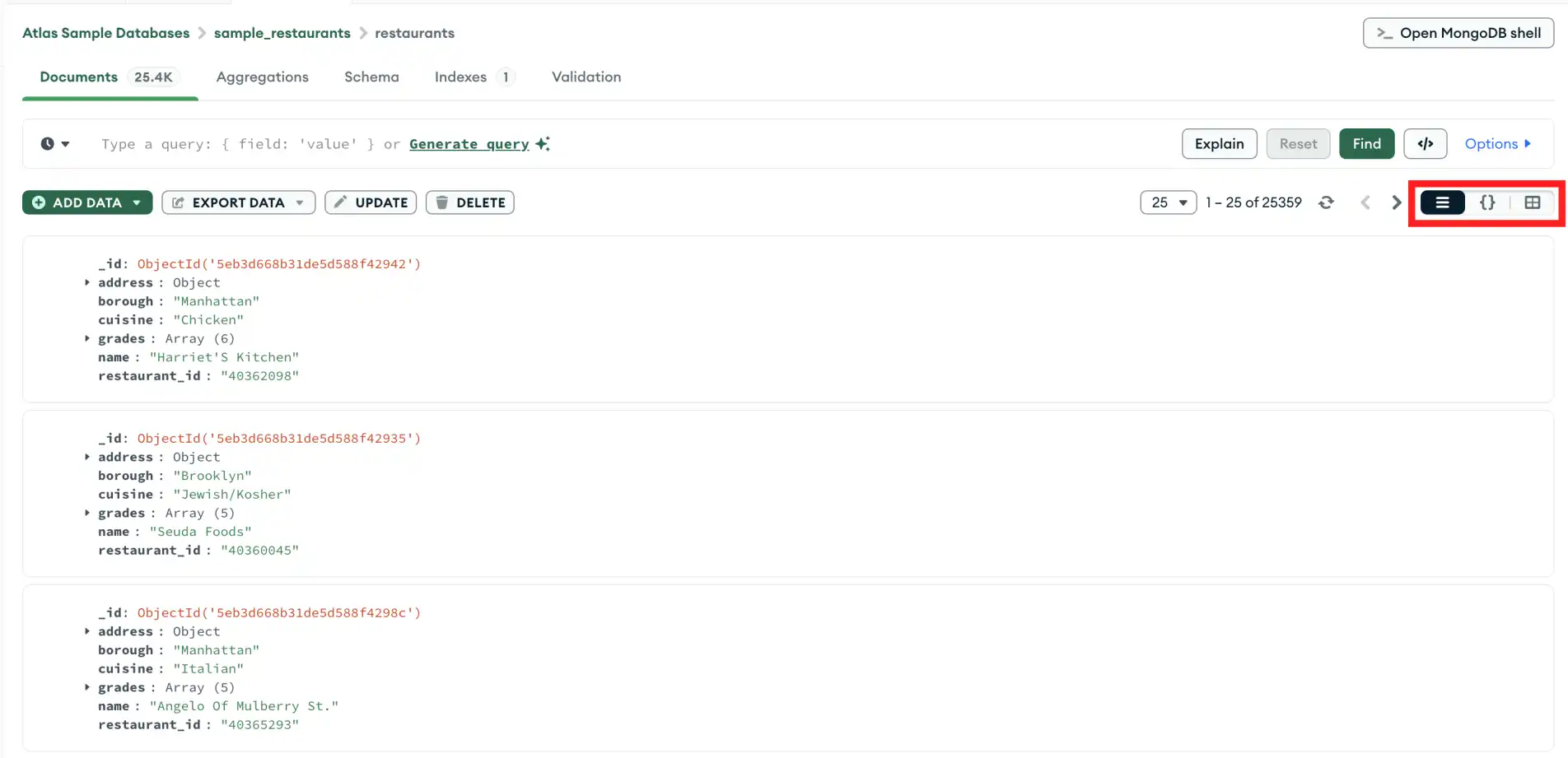 Vista de la lista de documentos