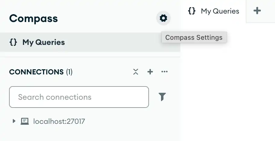 Ubicación del ícono del engranaje de configuración en la interfaz de usuario de MongoDB Compass