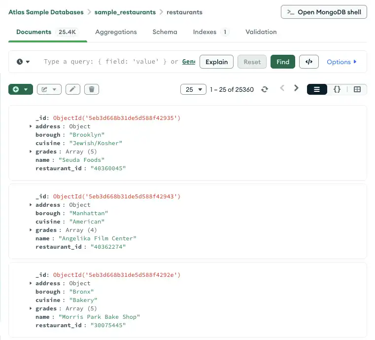 Imagen de query de colección de MongoDB Compass