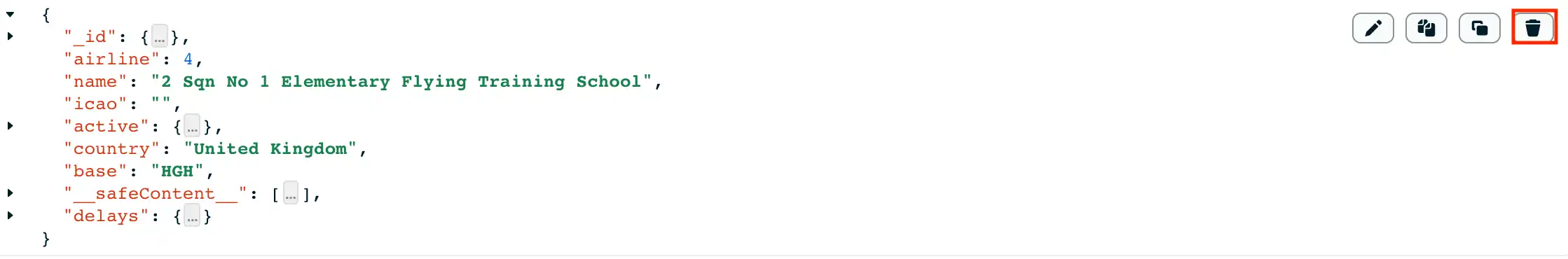 Botón Borrar en la vista JSON