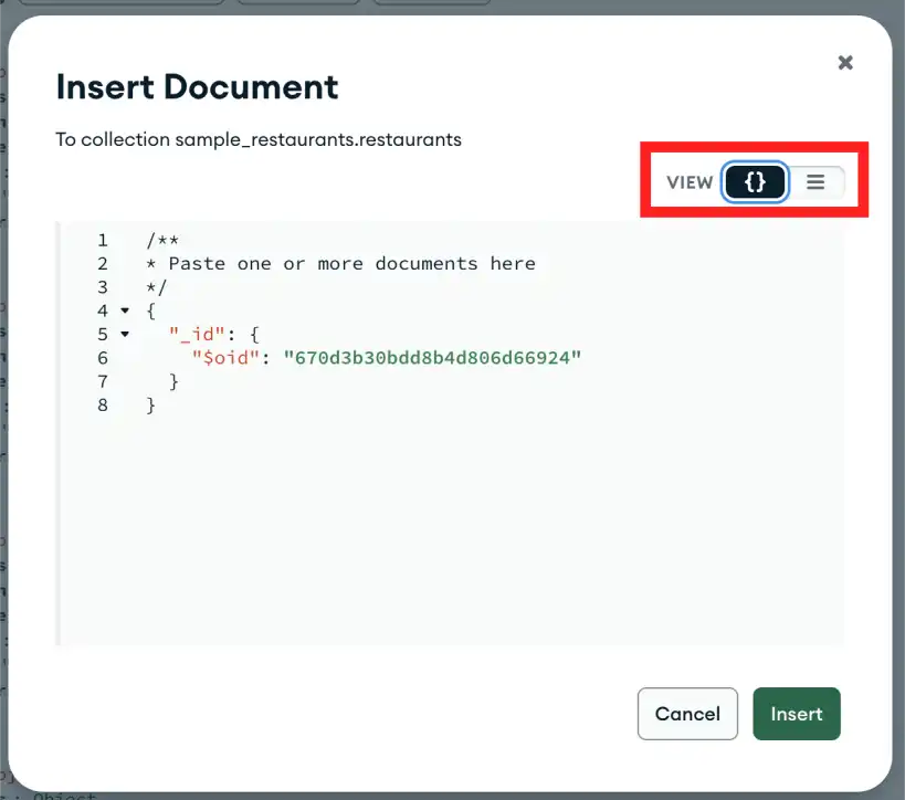 Insertar documento en la vista JSON