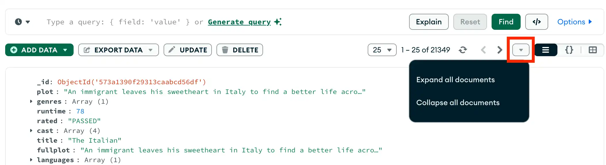 Menú desplegable para expandir documentos