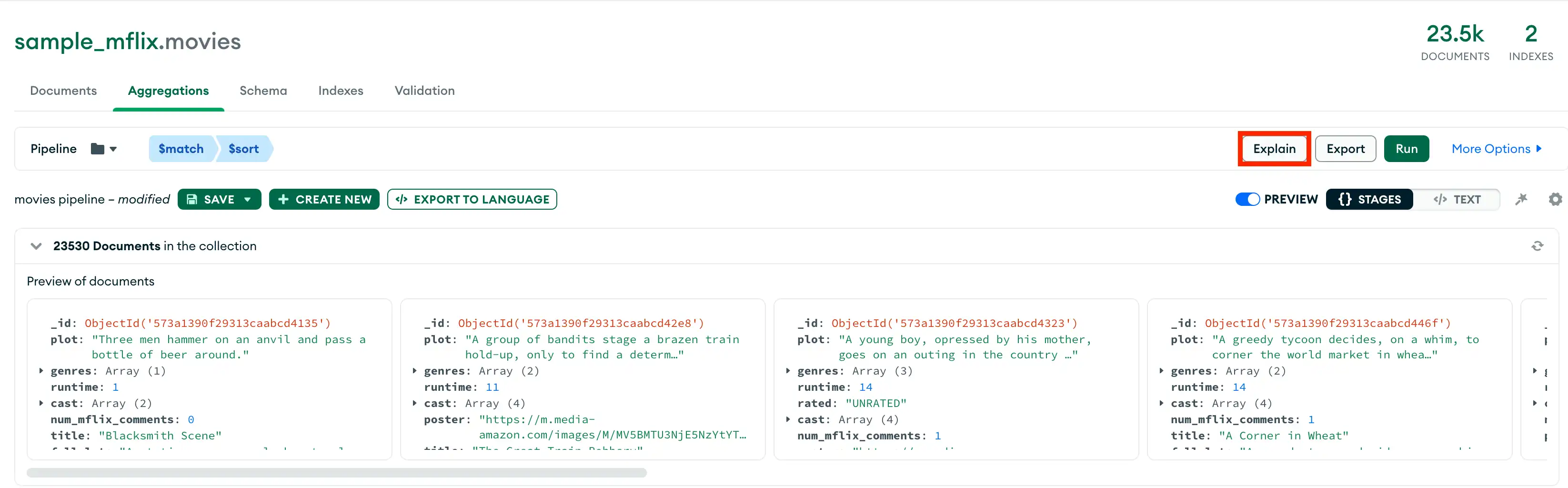 Botón de explicación en la canalización de agregación