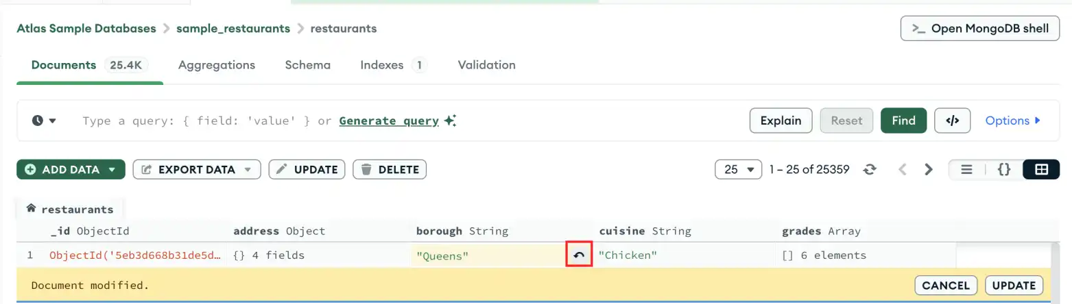 Revertir cambios en el documento en la vista de tabla