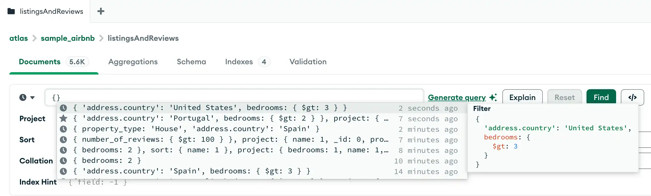 Menú de autocompletado de consultas de Compass