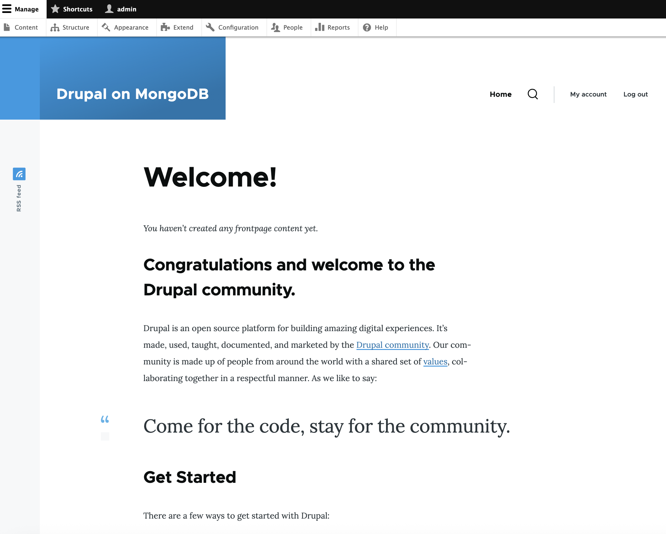 Captura de pantalla de la página principal de Drupal después de la instalación inicial