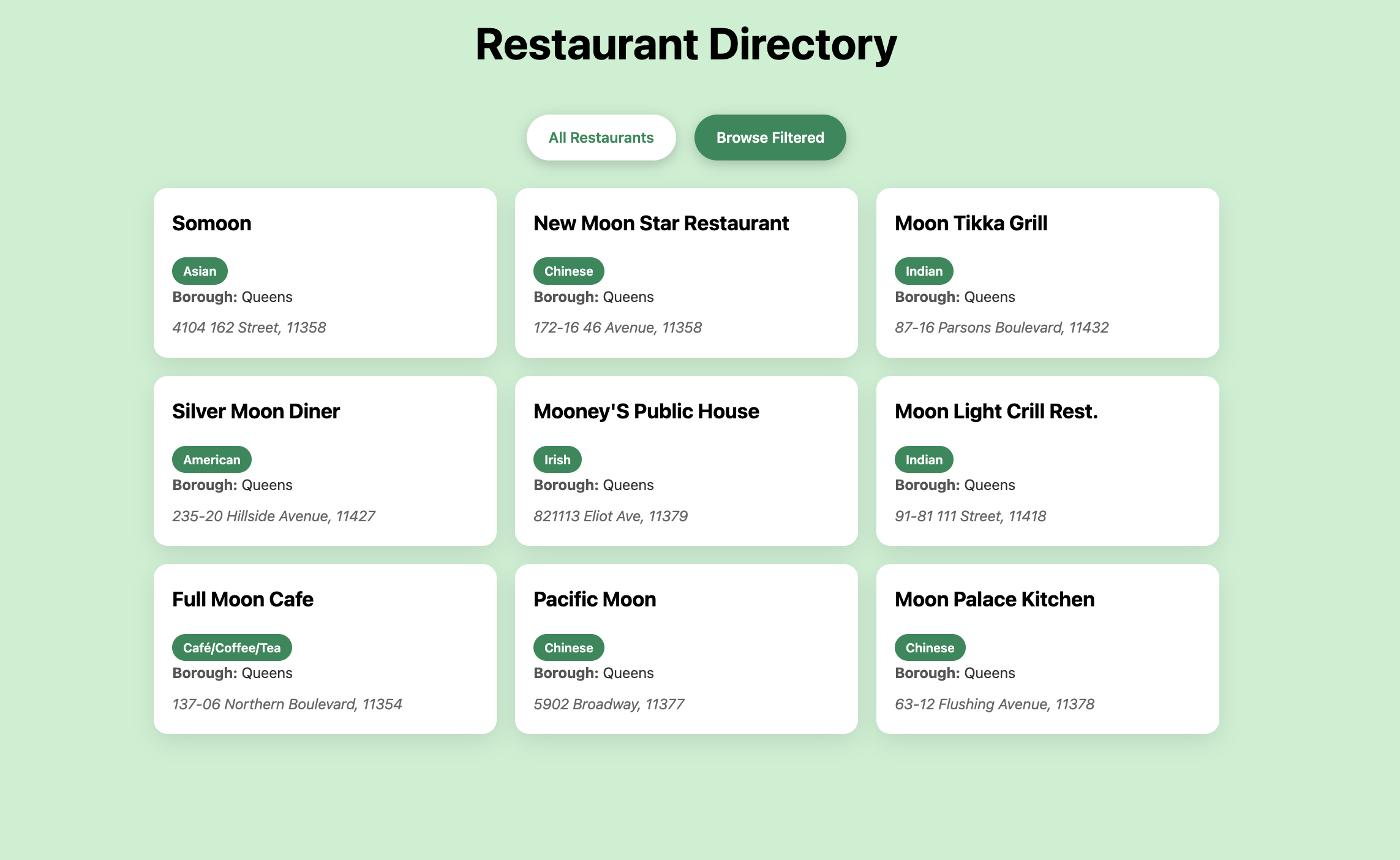 La página web que muestra los restaurantes filtrados