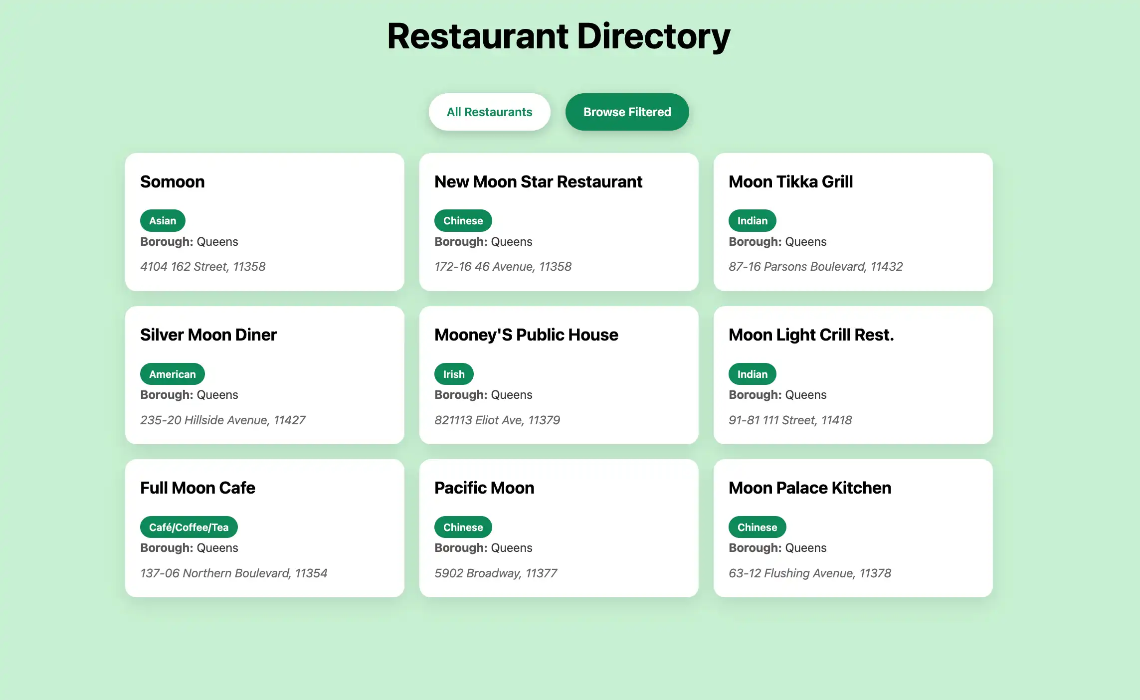 La página web que muestra los restaurantes filtrados