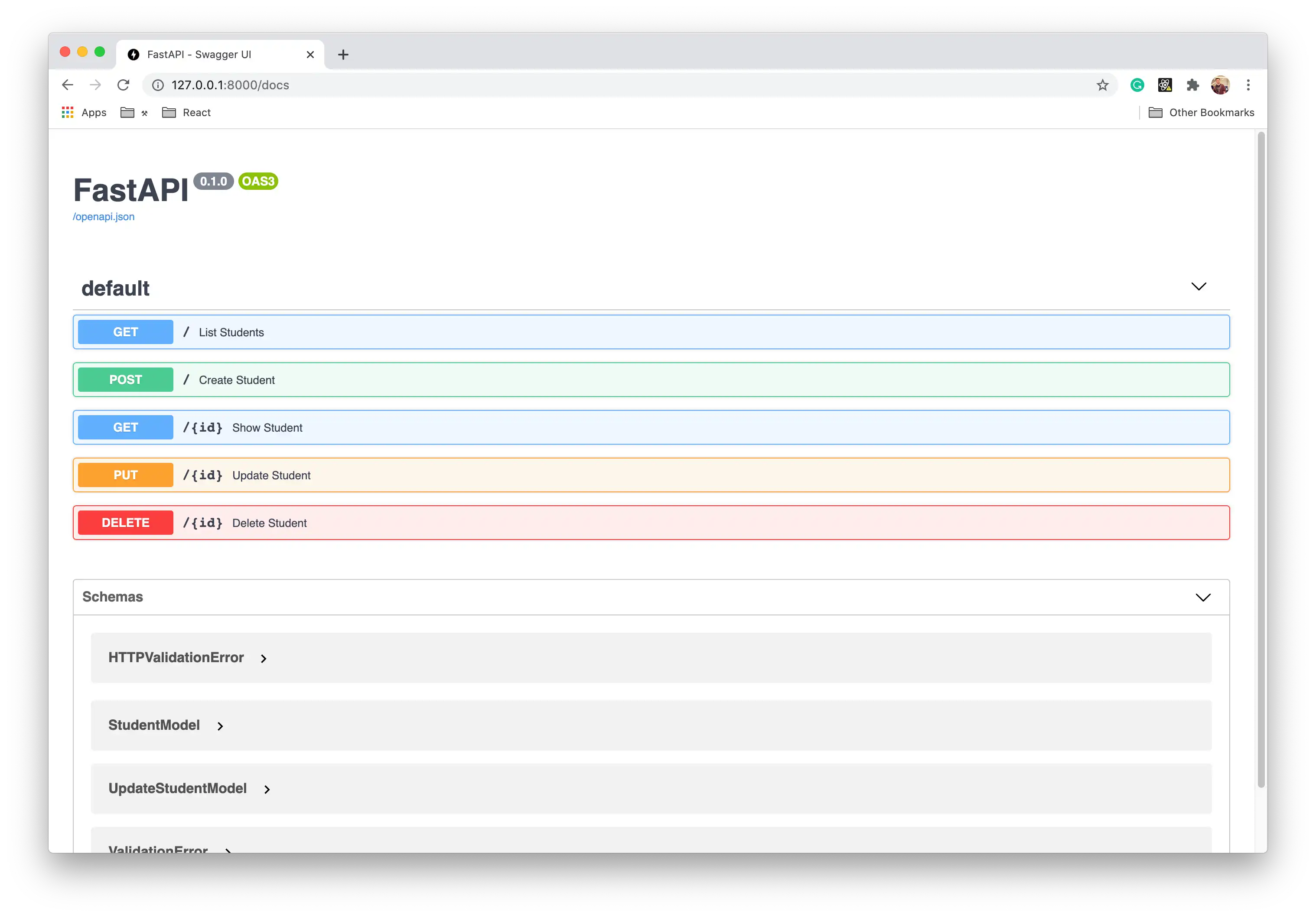 Captura de pantalla del navegador y la interfaz de usuario Swagger