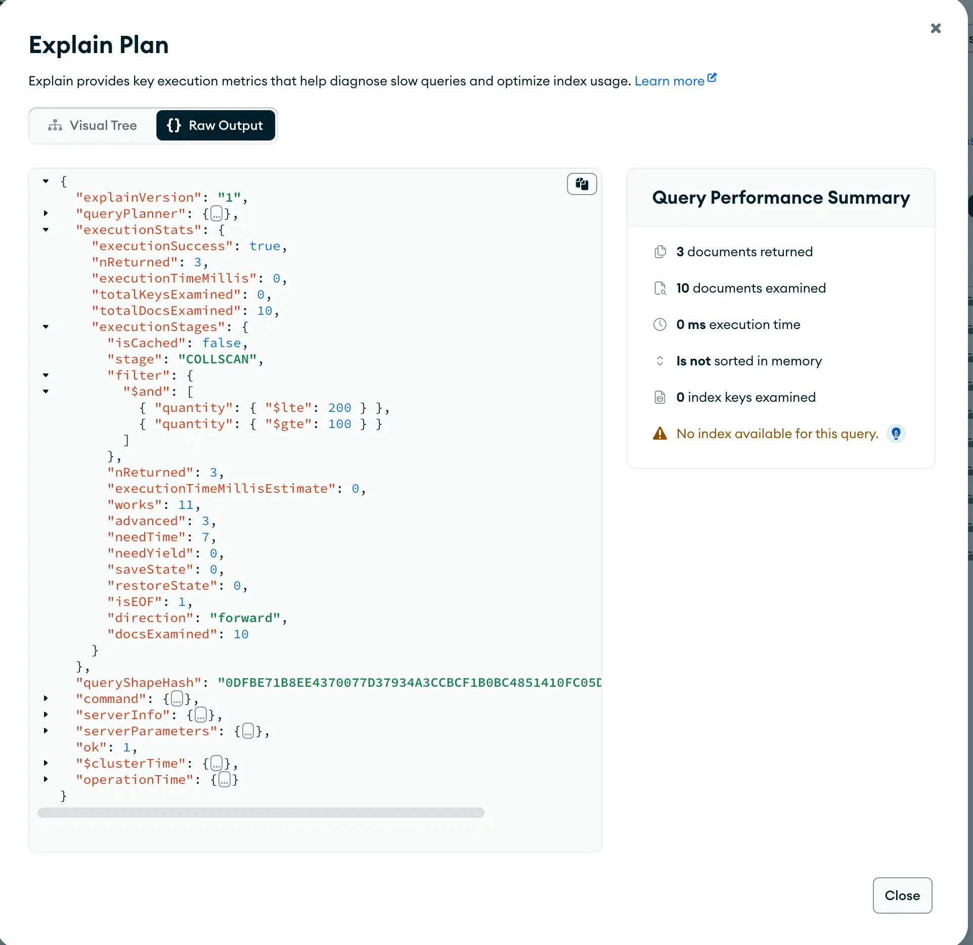 Plan de consulta sin índice de Compass en formato JSON sin procesar
