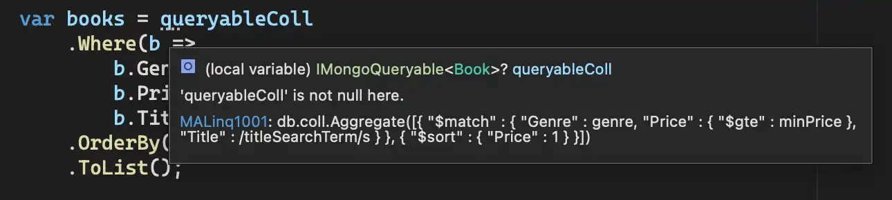 Captura de pantalla de una expresión LINQ con un mensaje de información mostrado en Visual Studio.