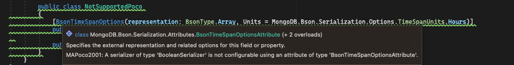 Captura de pantalla de la advertencia mostrada en Visual Studio por un POCO no compatible.