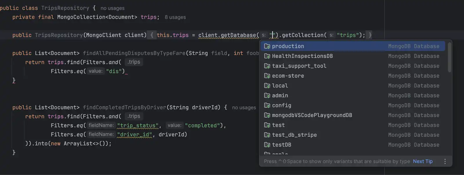 Completar automáticamente nombres de bases de datos en el complemento IntelliJ.