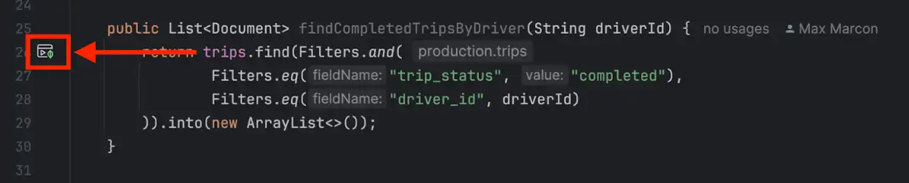 Haga clic en el icono Ejecutar para convertir su consulta Java a sintaxis mongosh.