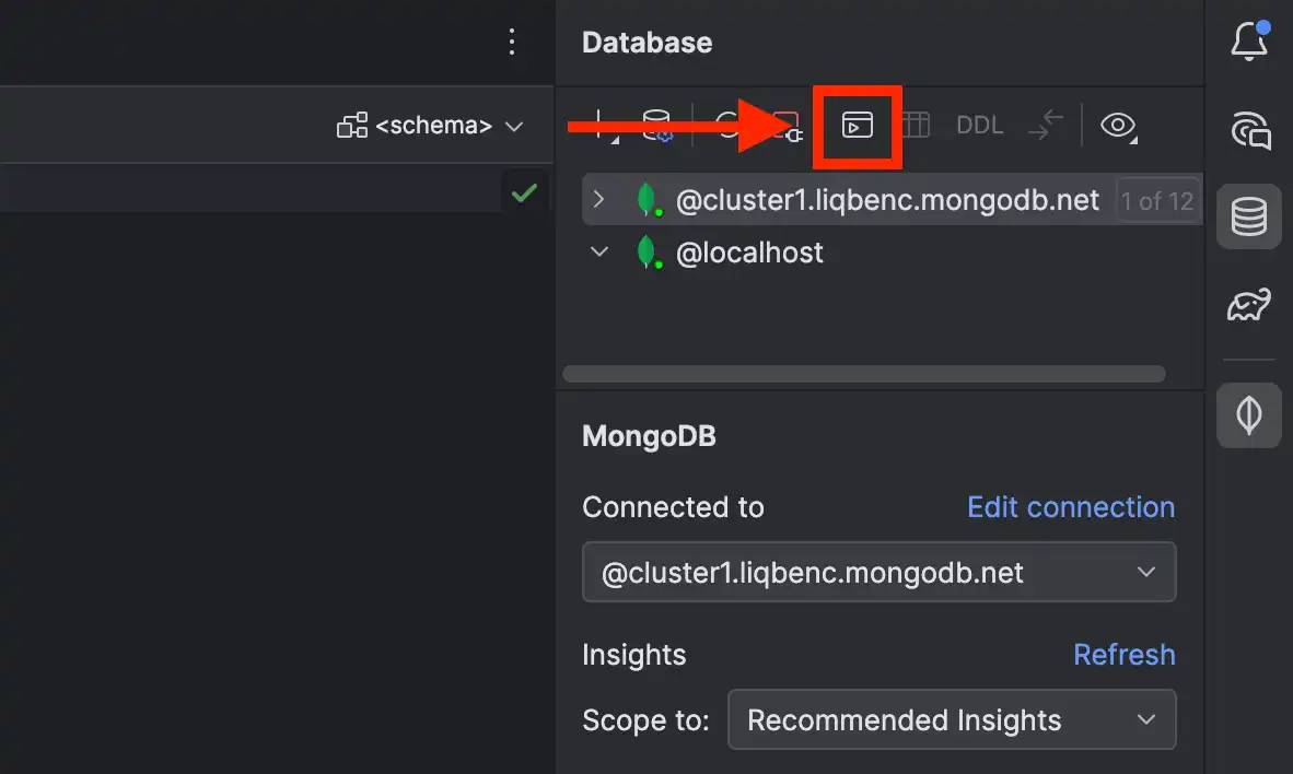 Para iniciar Playgrounds, haga clic en el botón resaltado en el Explorador de bases de datos.