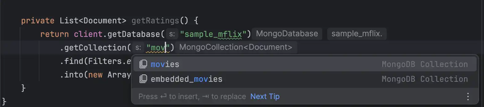 Completar automáticamente los nombres de colecciones en el complemento IntelliJ.