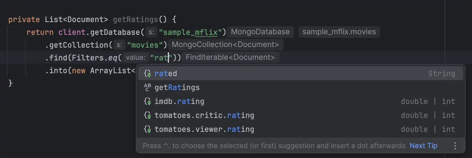 Completa automáticamente los nombres de los campos de documentos en el plugin IntelliJ.