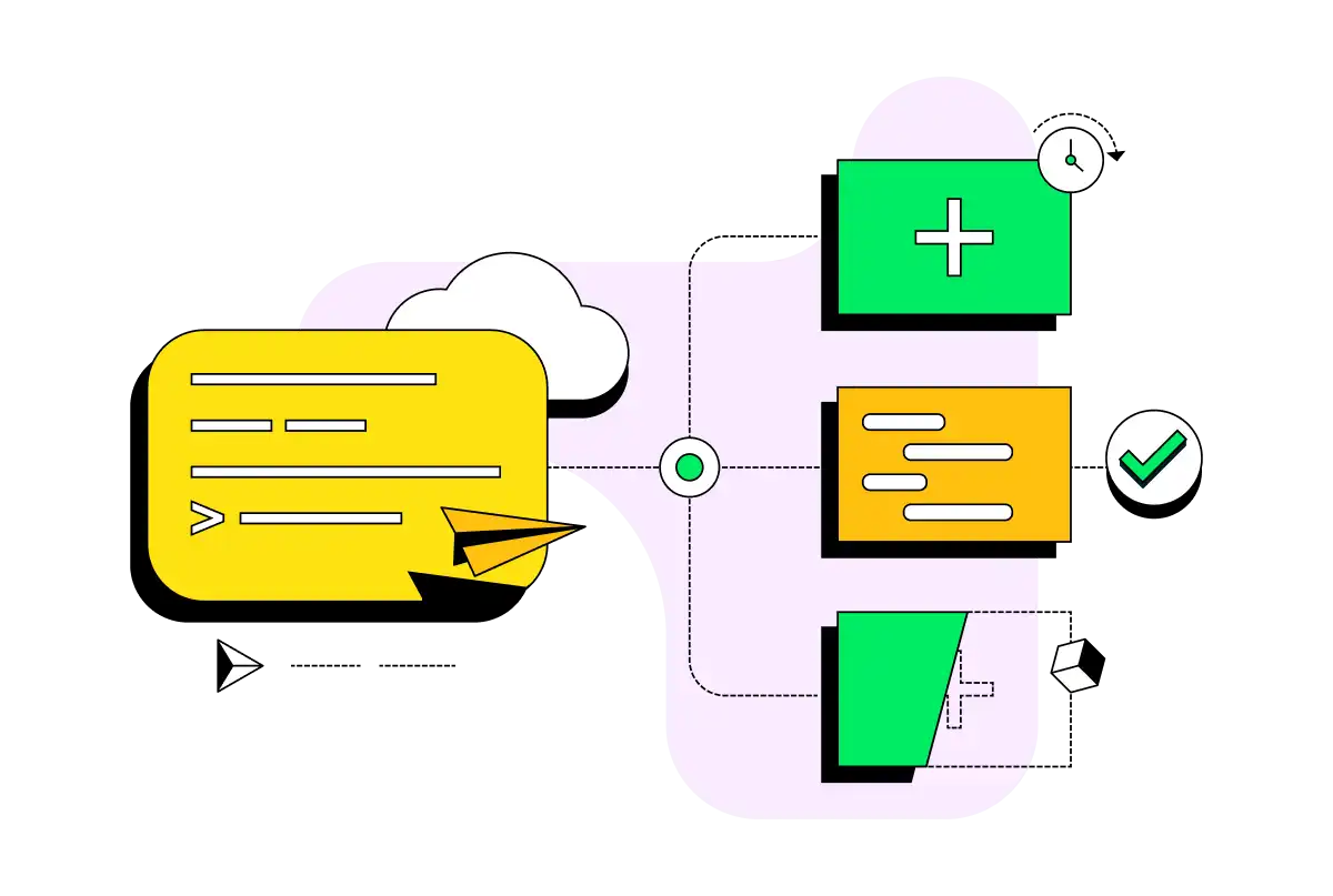 Ilustración abstracta que muestra un terminal en interacción con diferentes sistemas