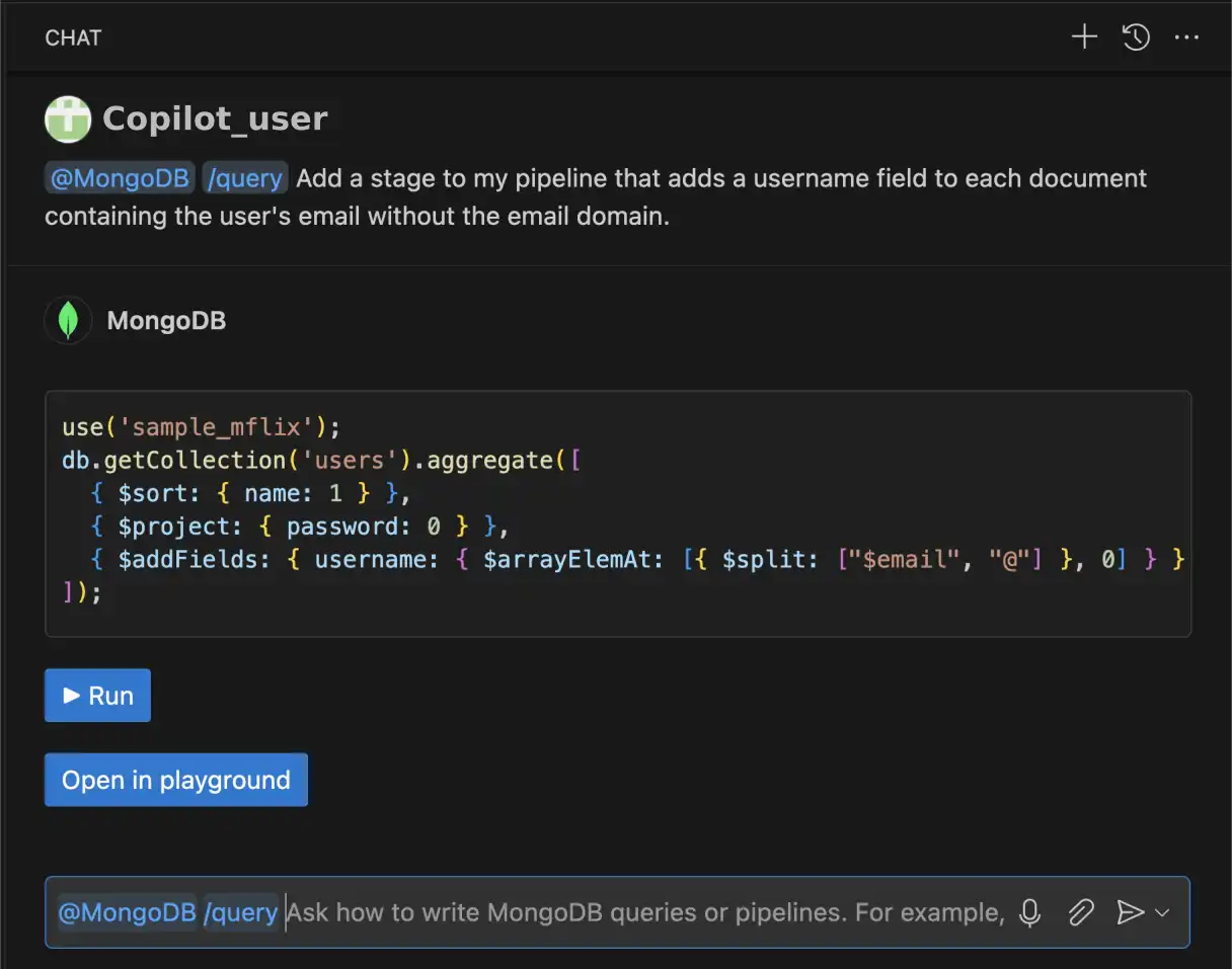 Captura de pantalla de Copilot construyendo iterativamente una canalización de agregación