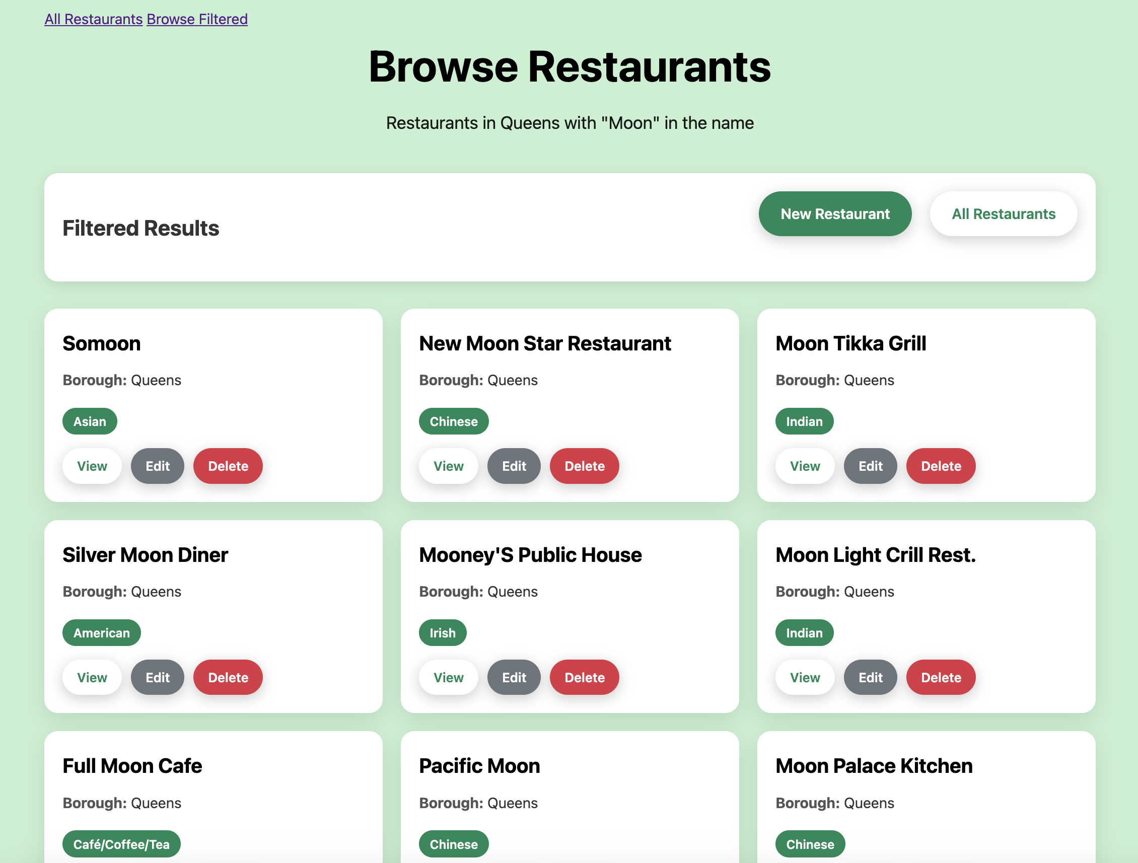 La página web que muestra restaurantes filtrados