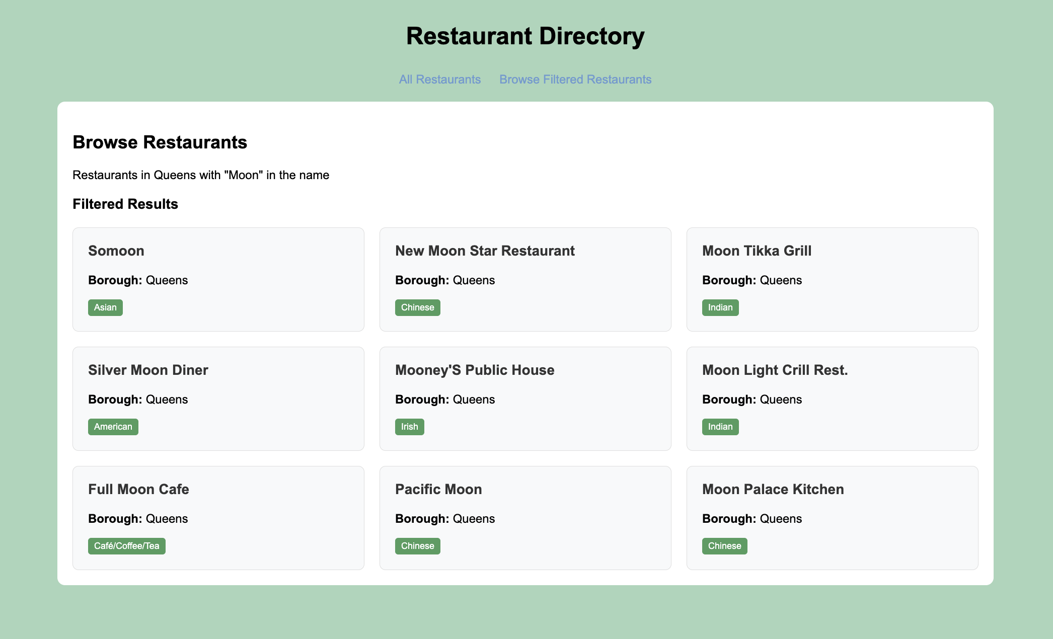 La página web que muestra restaurantes filtrados