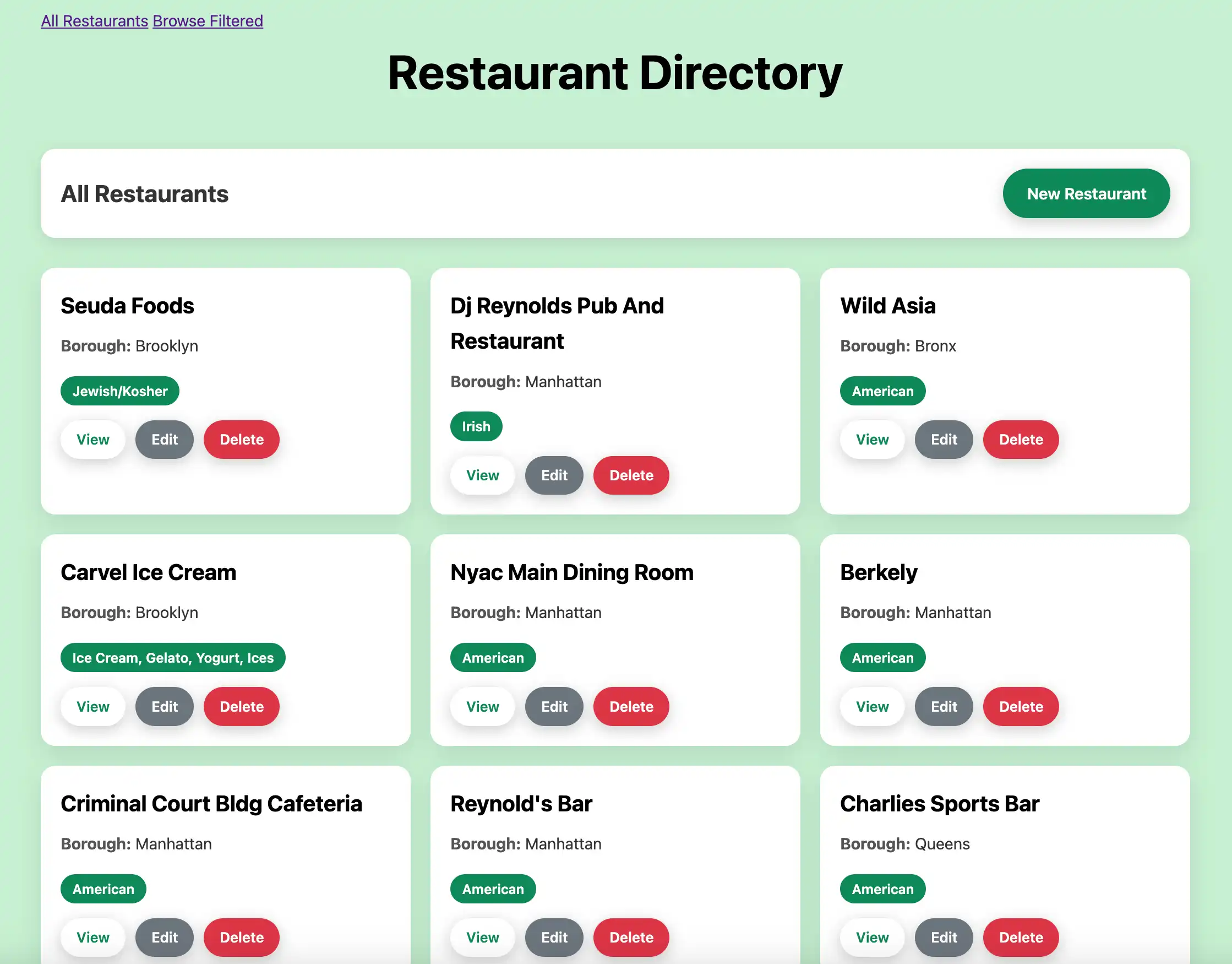 La página web que muestra todos los restaurantes.