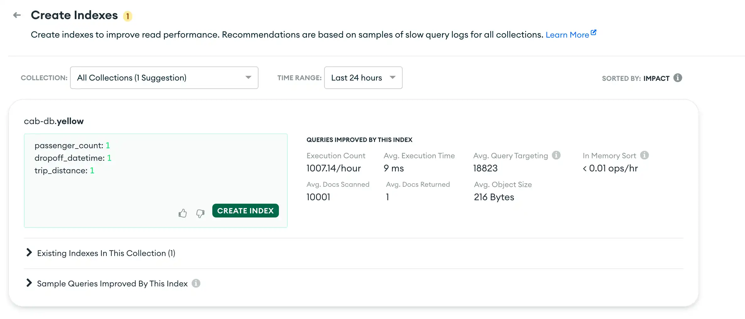 Captura de pantalla de los índices sugeridos