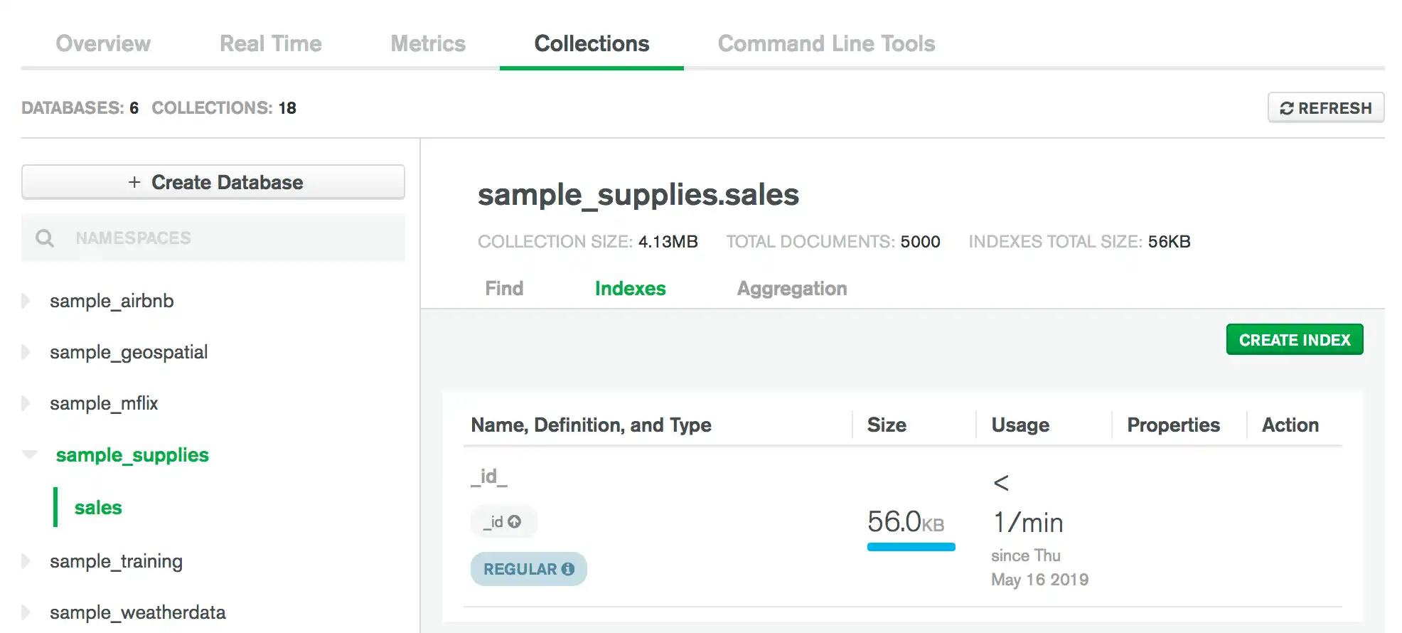 Captura de pantalla que resalta la vista de índice en el Explorador de datos.