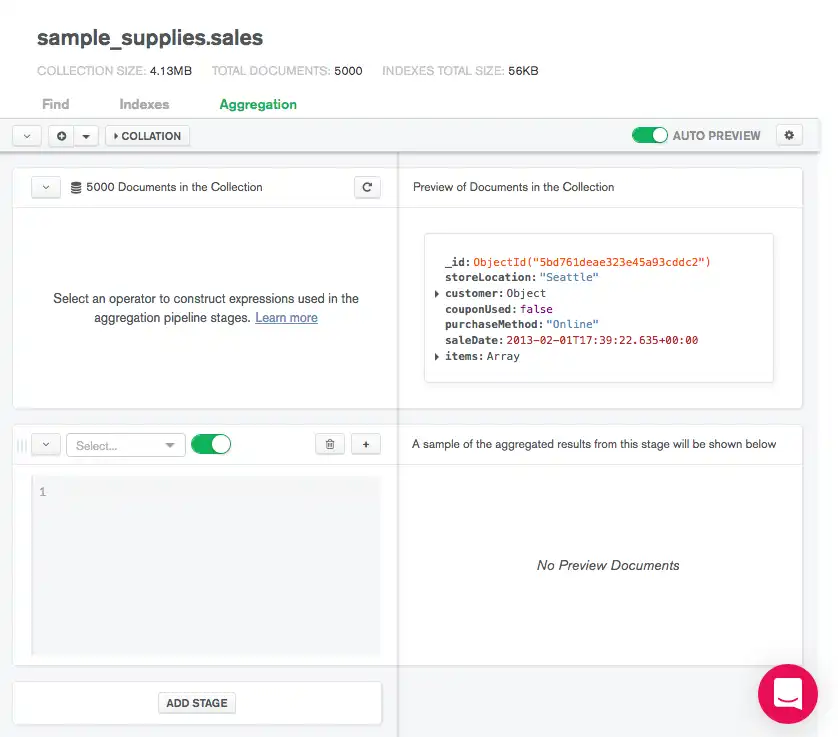 Vista inicial del generador de canalización de agregación.
