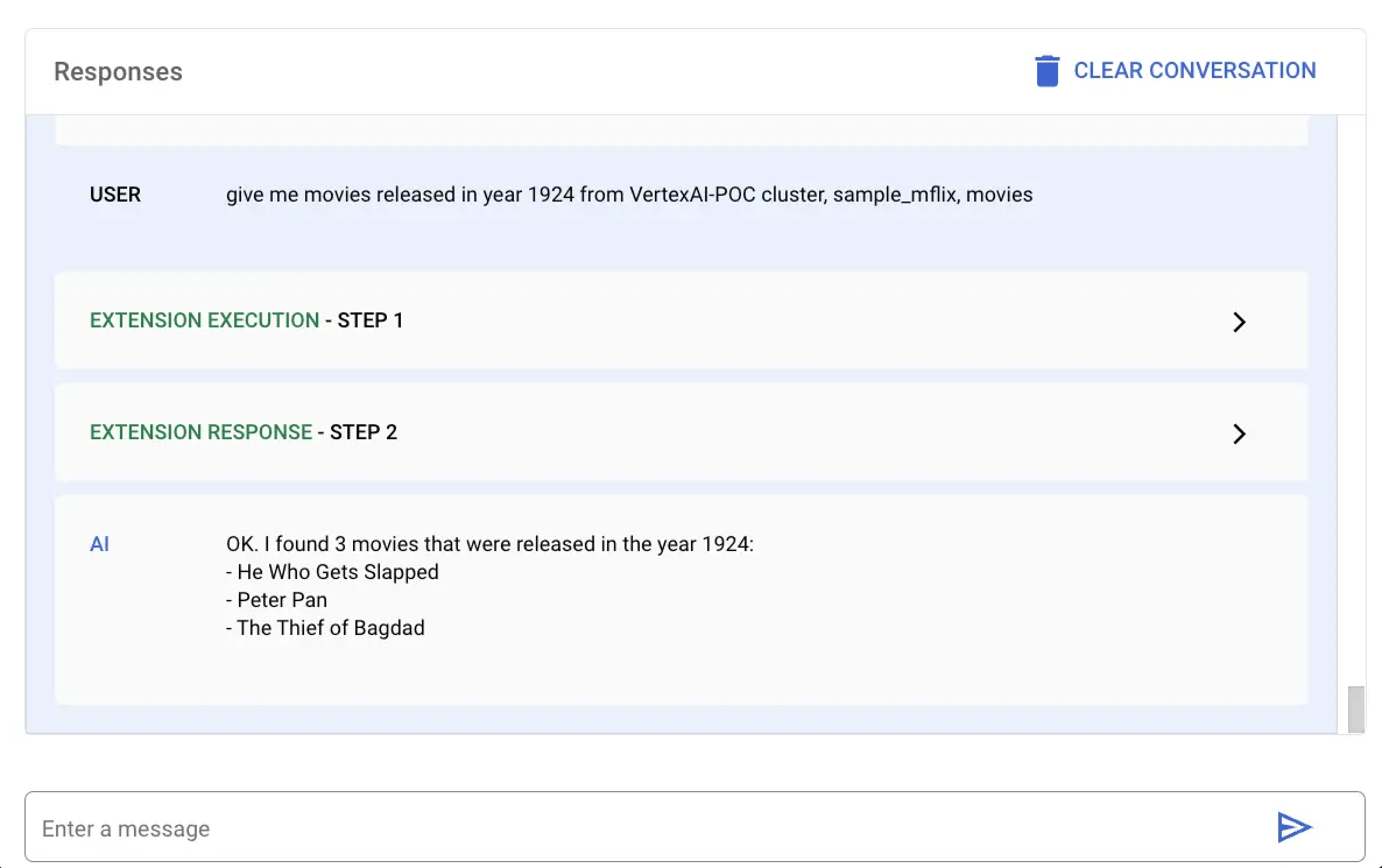 Captura de pantalla de la respuesta de Vertex AI a la query en lenguaje natural