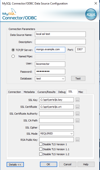 Captura de pantalla de la pantalla de configuración de DSN