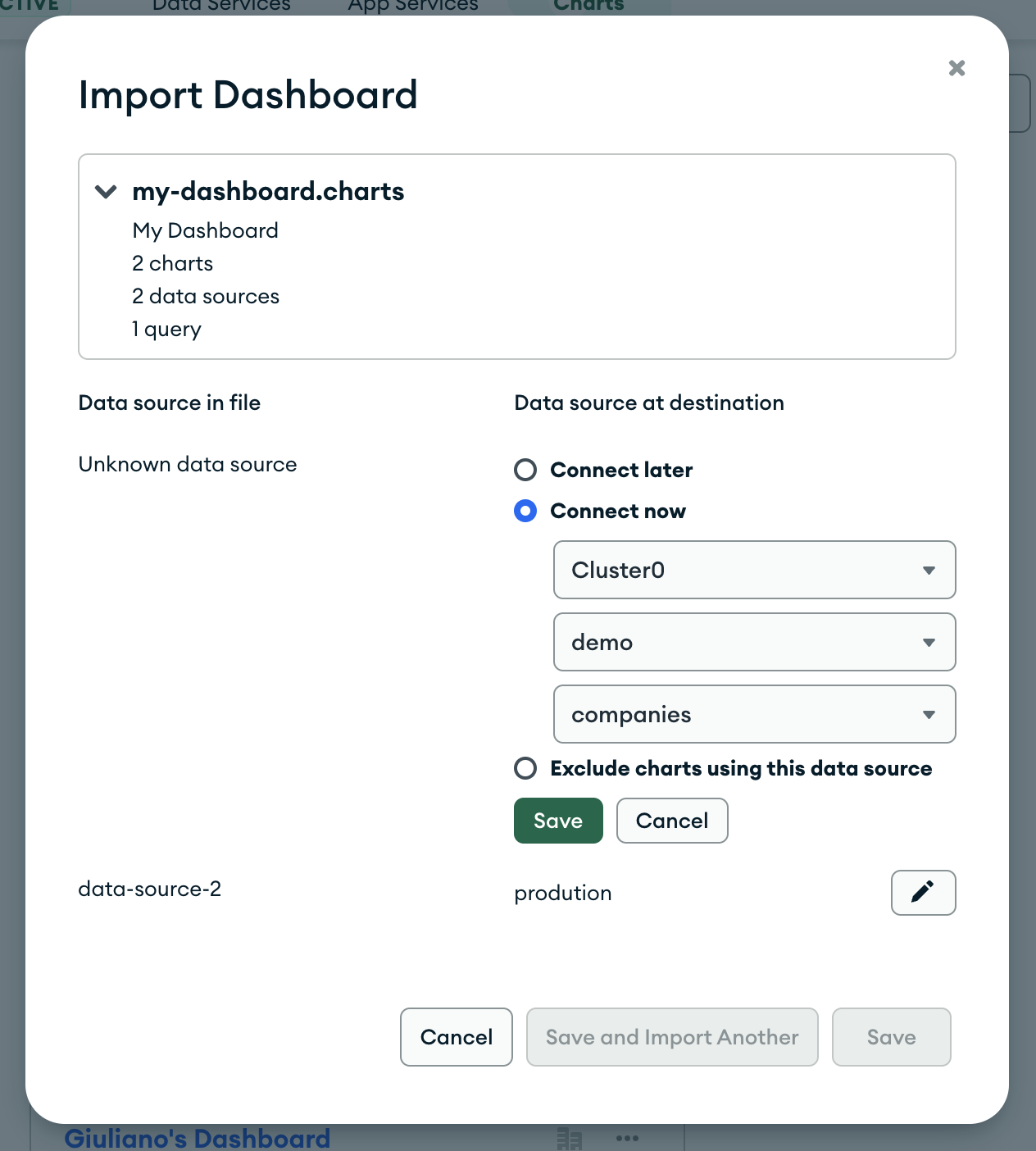 Modal de importación de tablero.