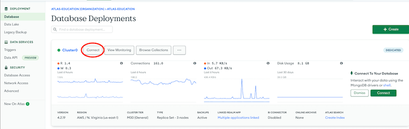 Pantalla de selección de clúster de la GUI de Atlas Connection