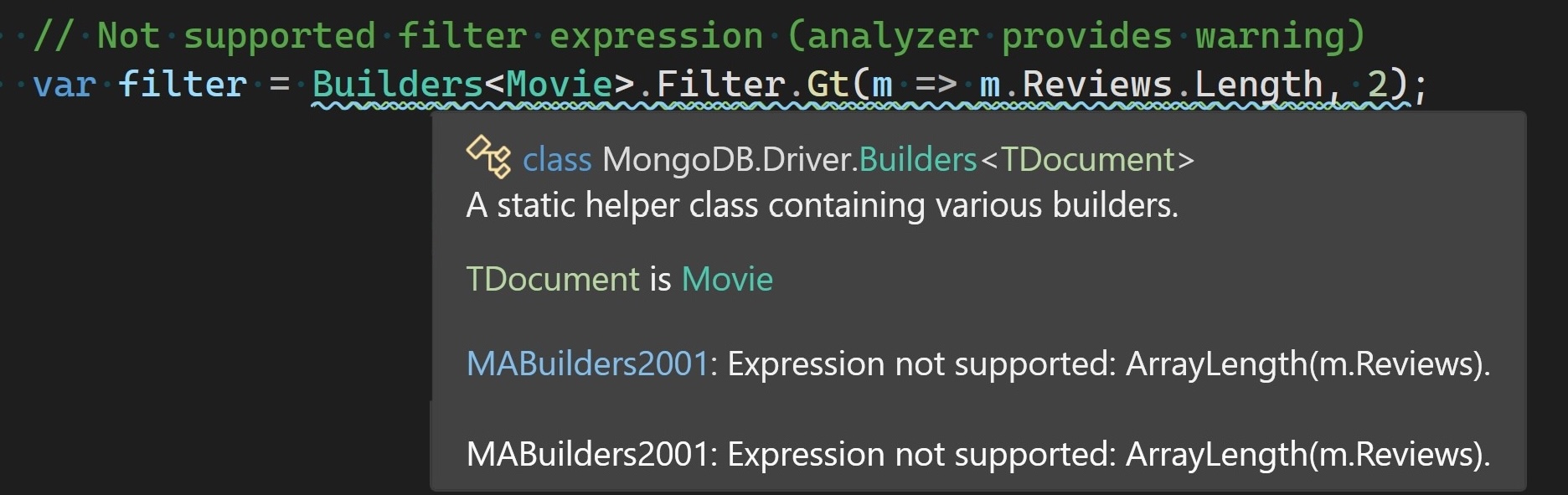Captura de pantalla de advertencia mostrada en Visual Studio por una expresión de generador no compatible.