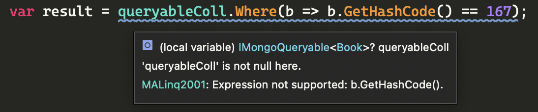 Captura de pantalla de la advertencia mostrada en Visual Studio por LINQ no compatible.