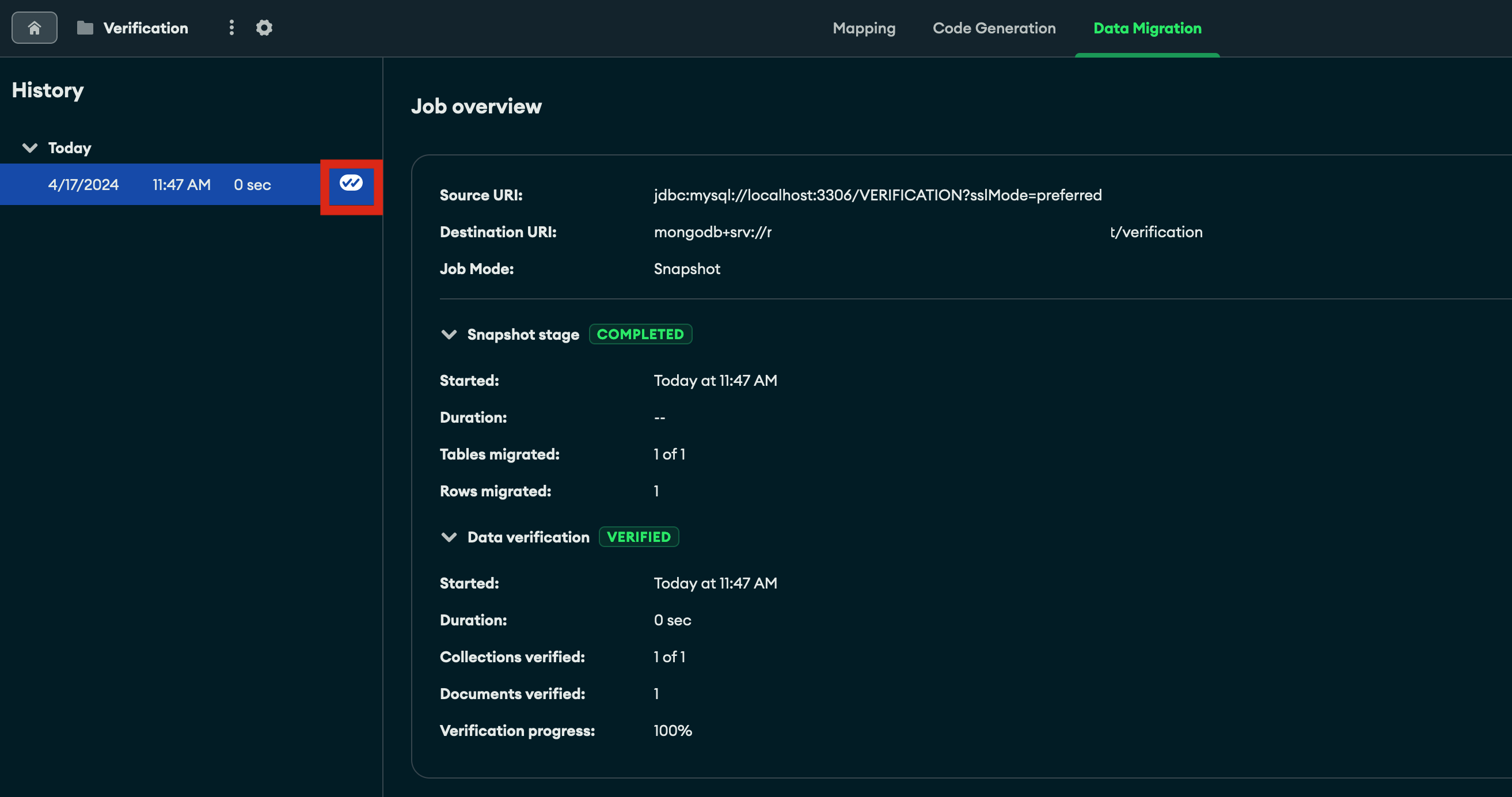 double marca de verificación en el panel de historial