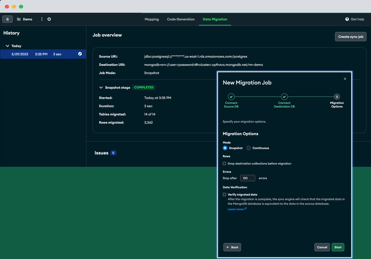 La interfaz de usuario de migración de datos en Relational Migrator