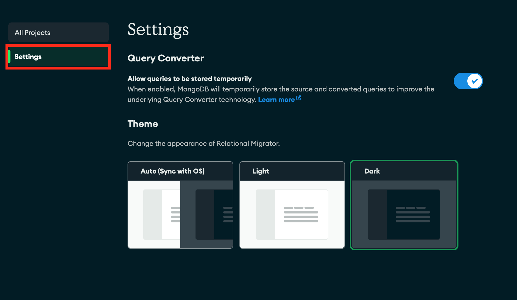 Ubicación del panel de configuración para Relational Migrator