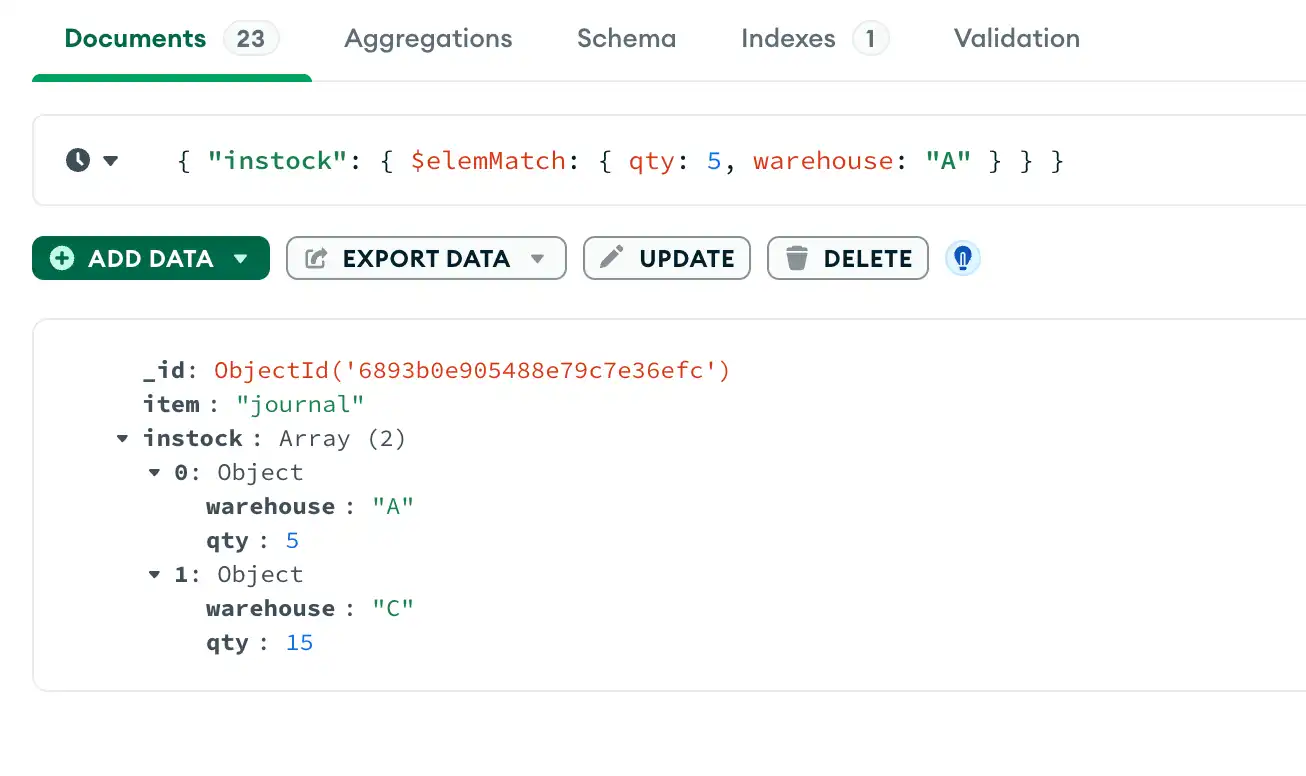 Un único documento anidado cumple múltiples condiciones de query en campos anidados