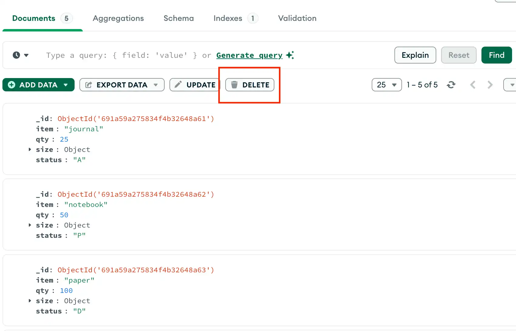 MongoDB Compass mostrando la pestaña Documentos con el botón ELIMINAR resaltado.