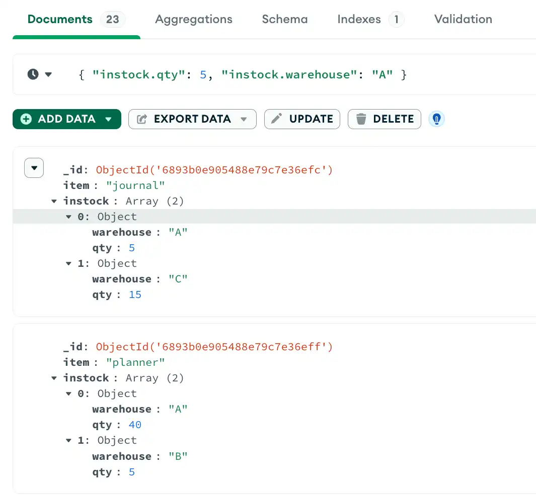 Cantidad y ubicación del almacén que coinciden con la query