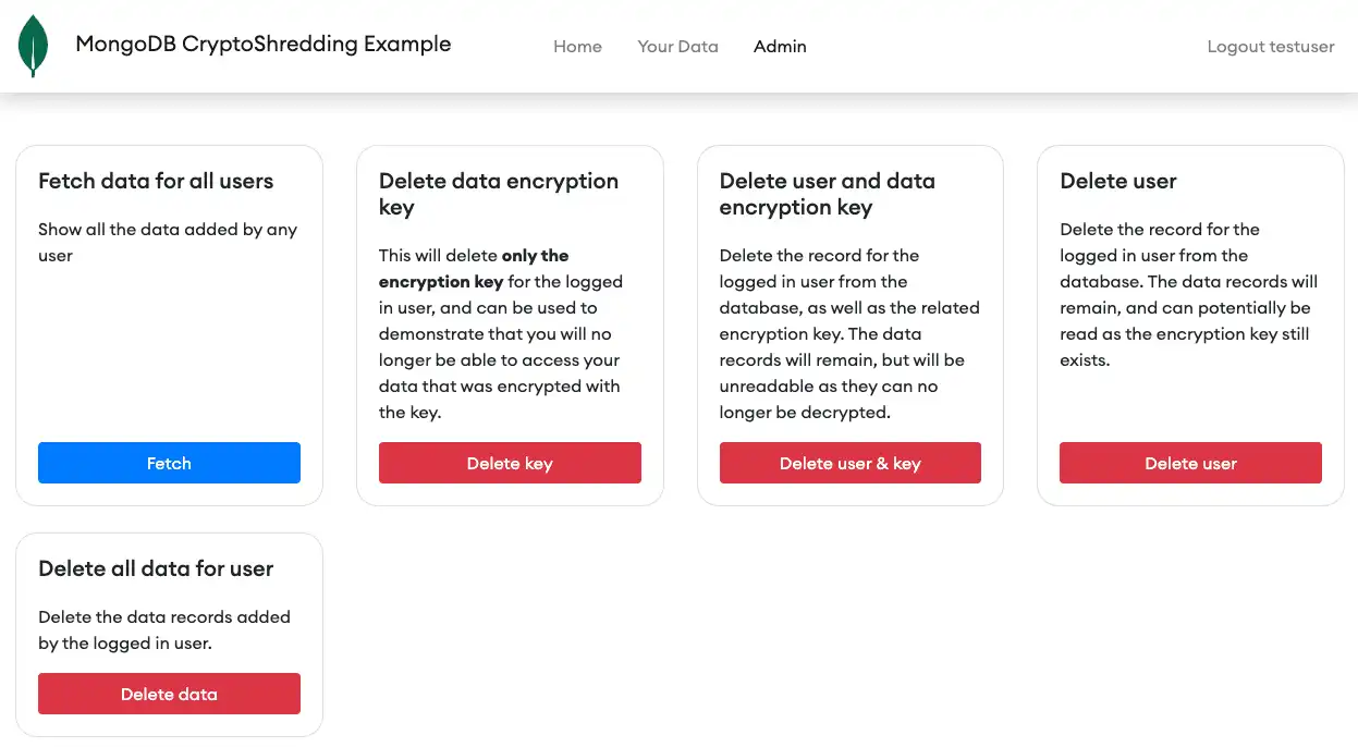 La página de administración de la aplicación de muestra