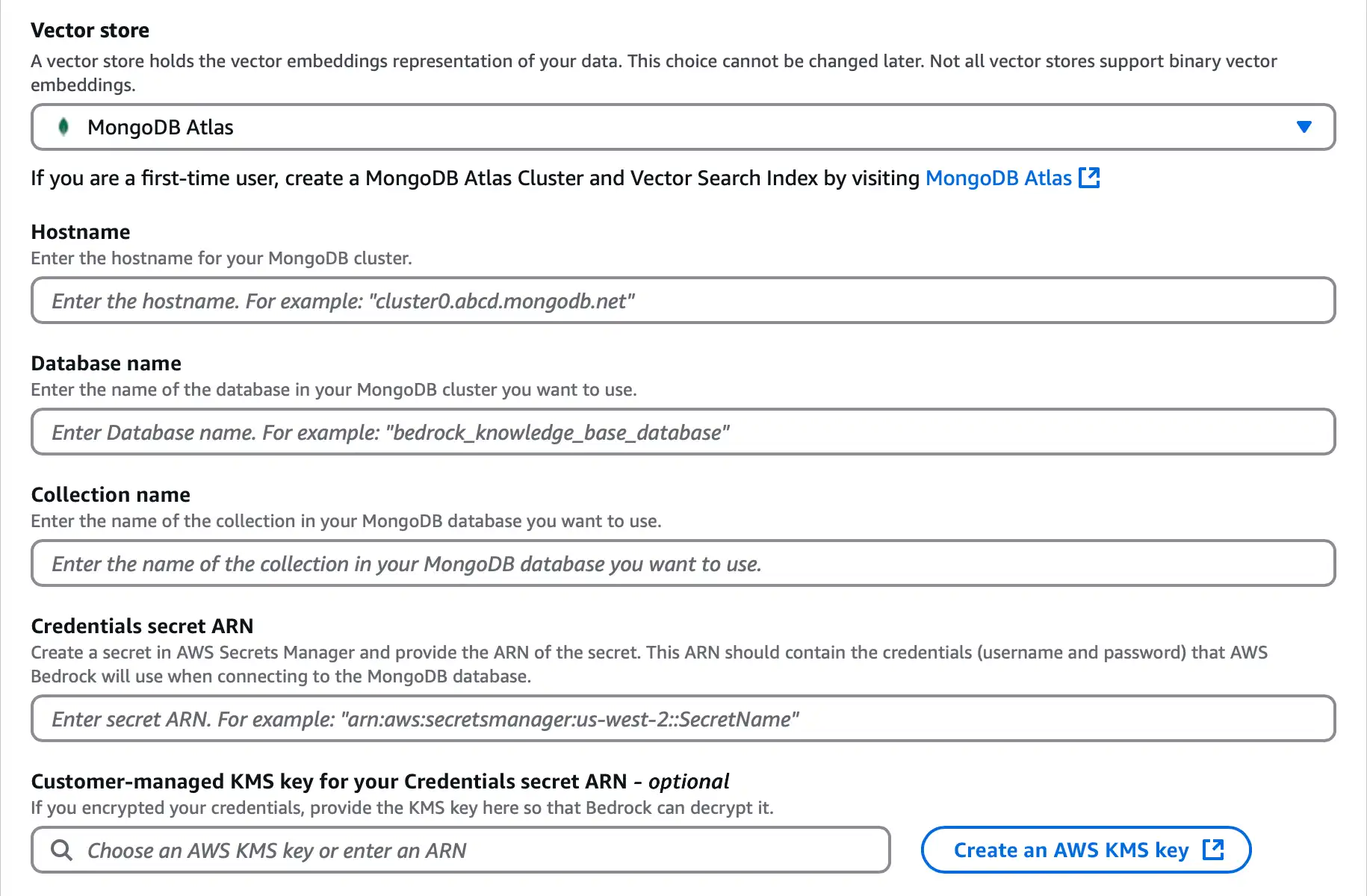 Amazon Bedrock のベクトル ストア設定セクションのスクリーンショット。
