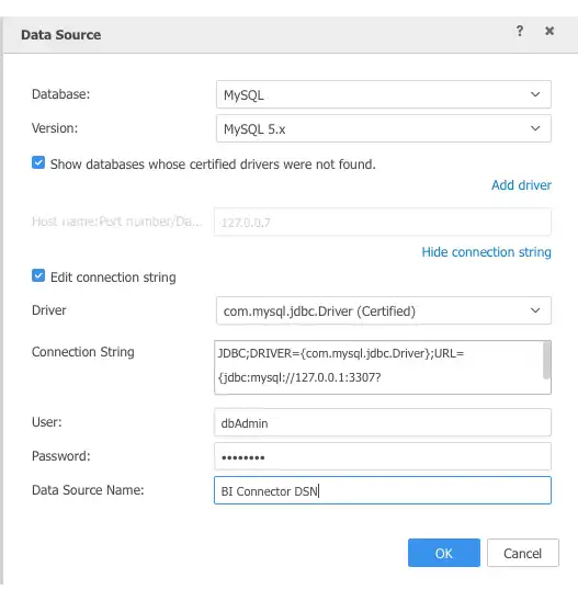 MicrosoftStratey DSN ポップアップ ウィンドウのスクリーンショット