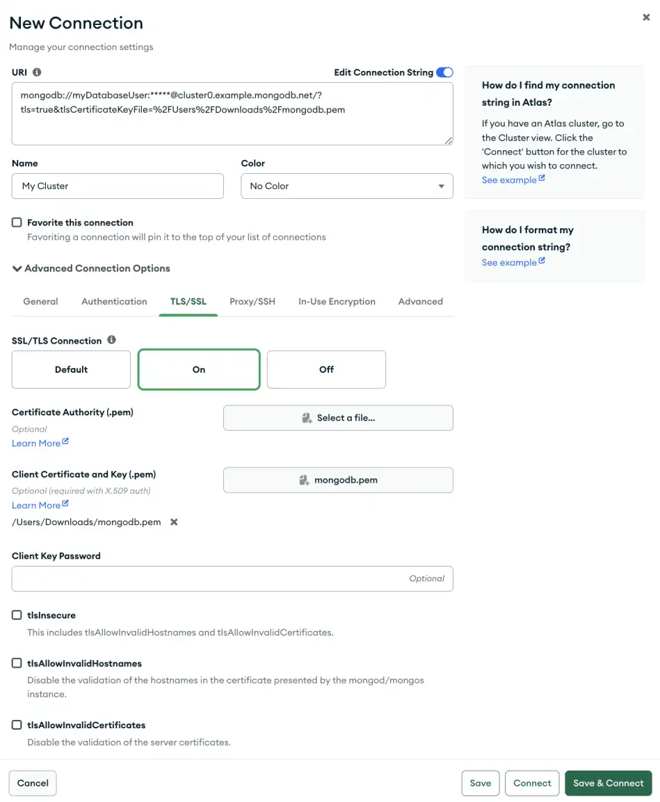 TLS/SSL を使用して例のクラスターに接続するように設定された Compass のスクリーンショット